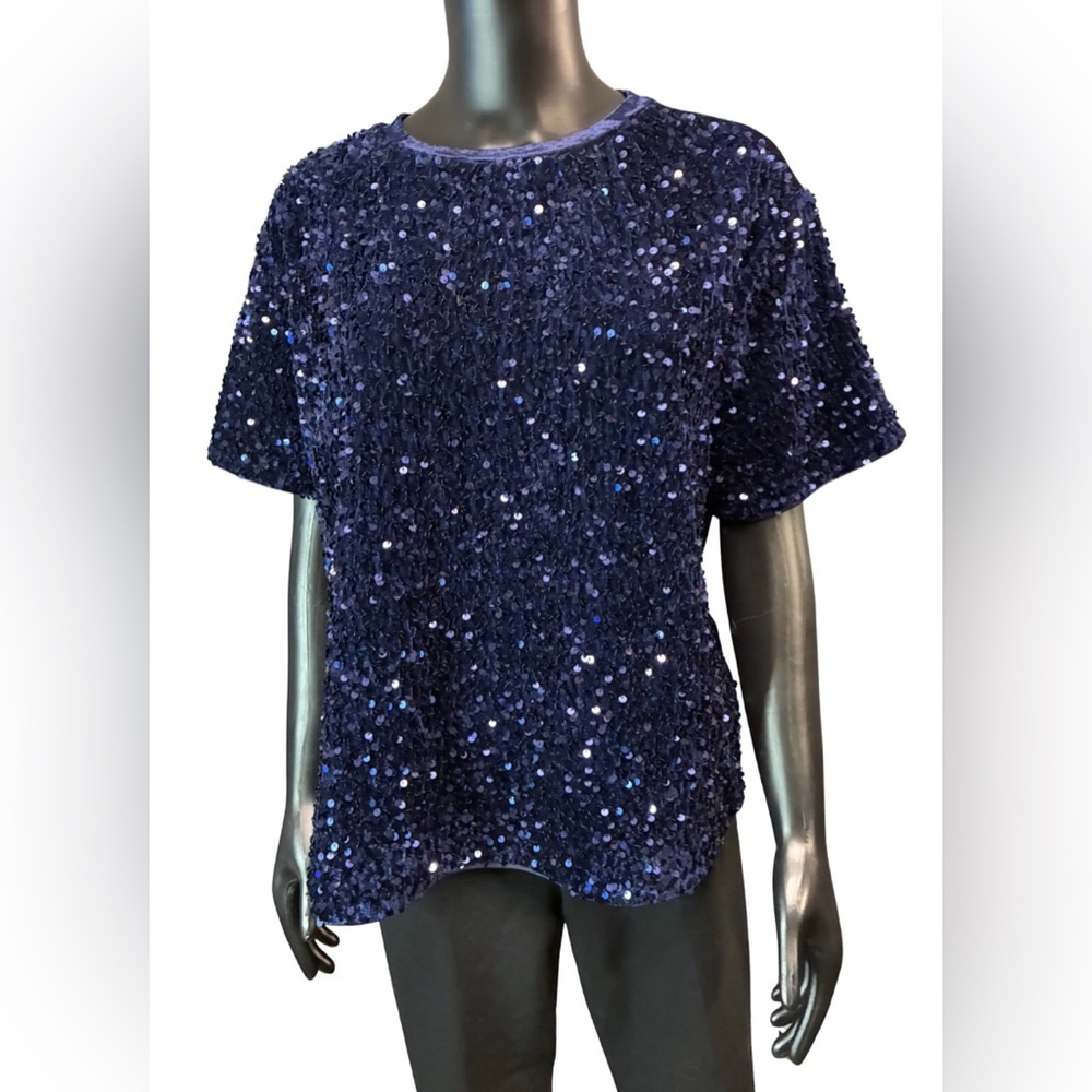 Allegra K Sparkling Midnight Blue Sequin Top